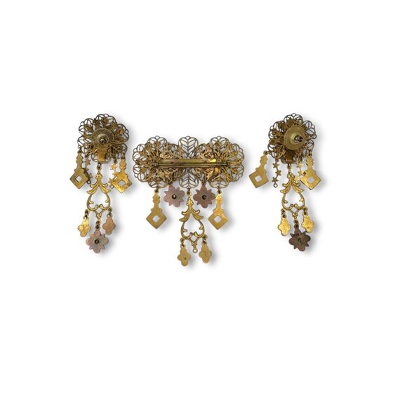 Vintage Filigree Dangle Brooch Earrings Set Blue Rhinestones Pierced - Picture 5 of 8